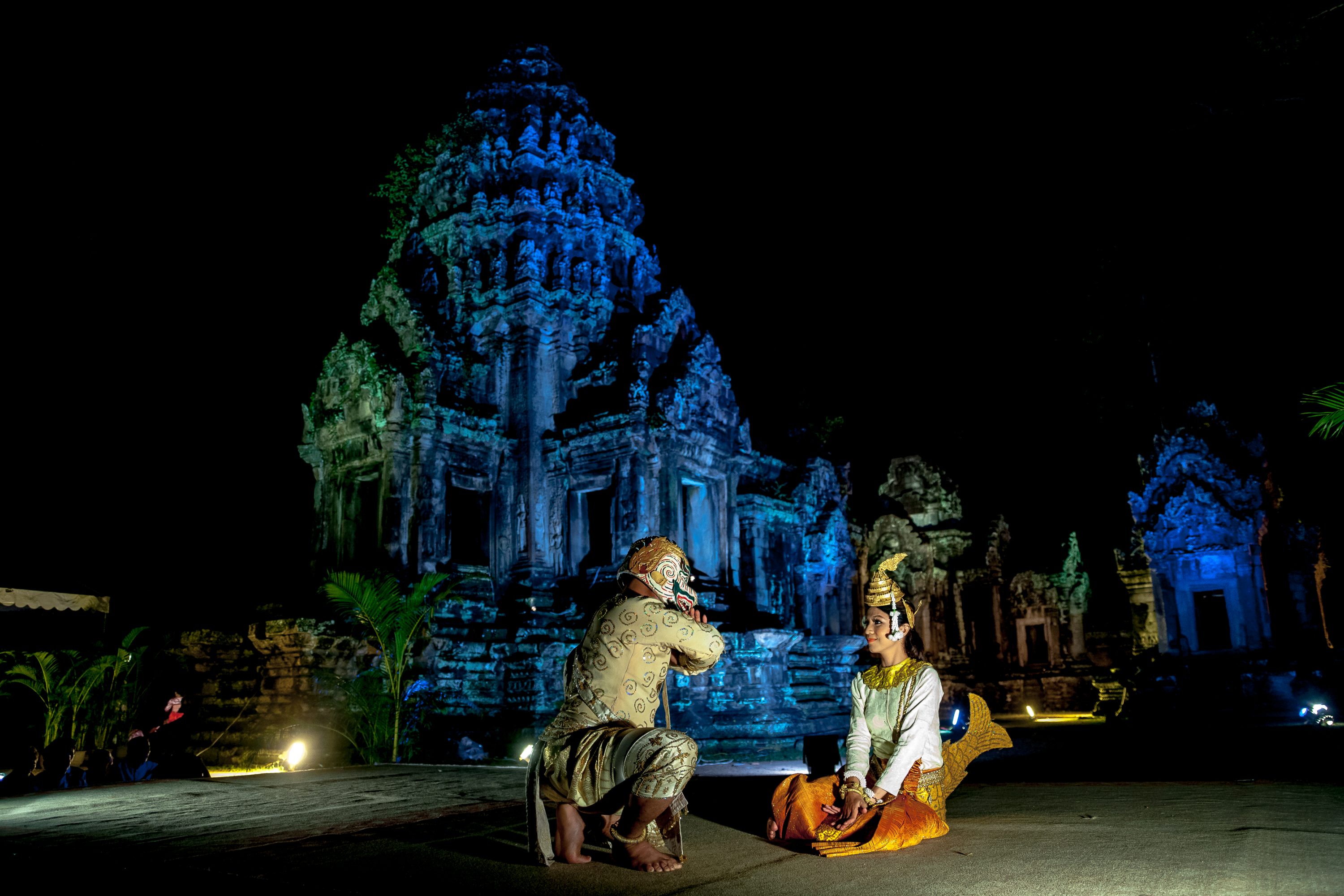 Two traditional dancers perform “the dance of the Golden Mermaid” in Cambodia