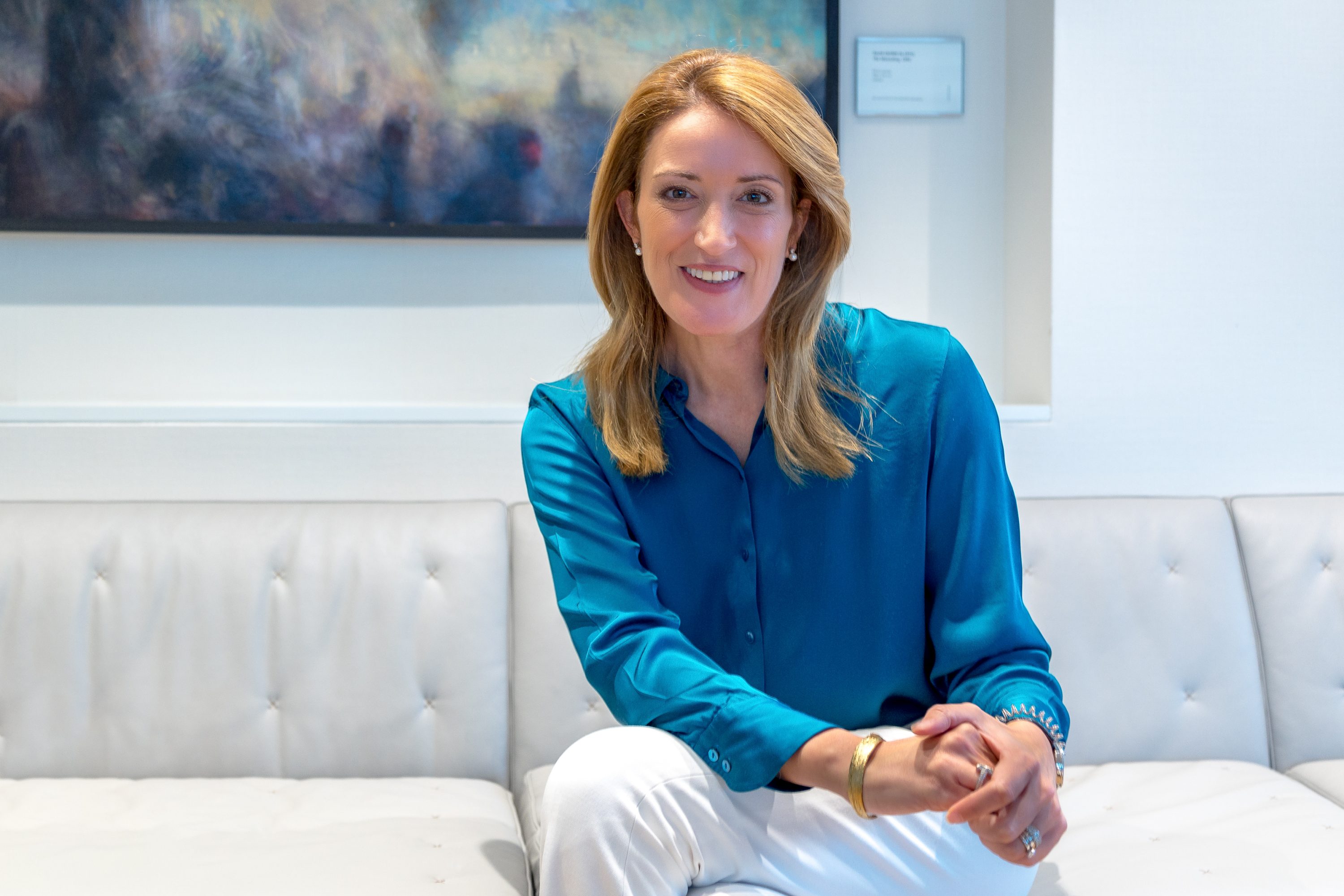 The President of the European Parliament, Roberta Metsola, poses for a photo in Brussels