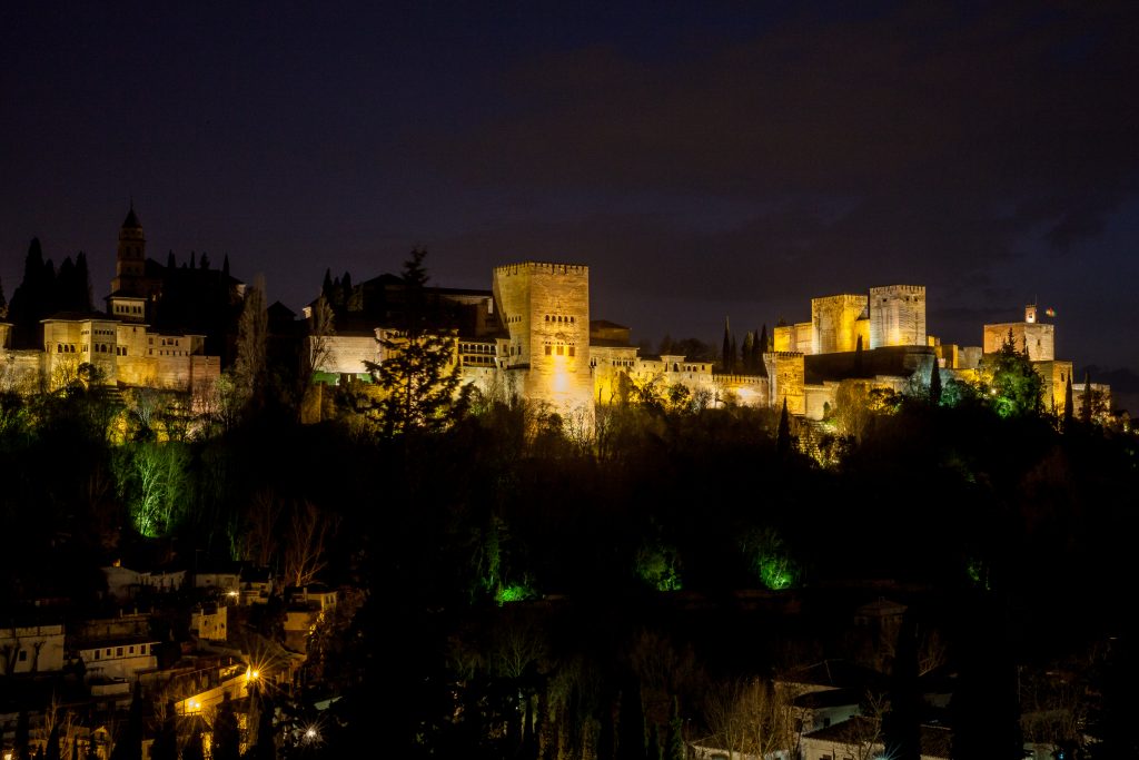 Illuminated view of the Alhambra in Spain