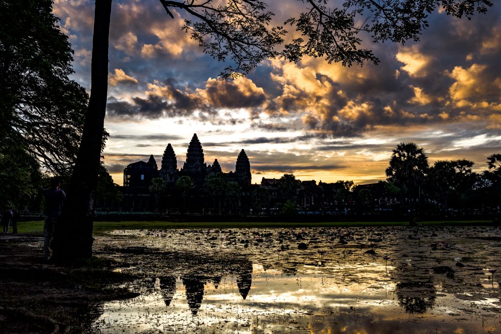 View of the Angkor Wat temple during sunrise in Cambodia