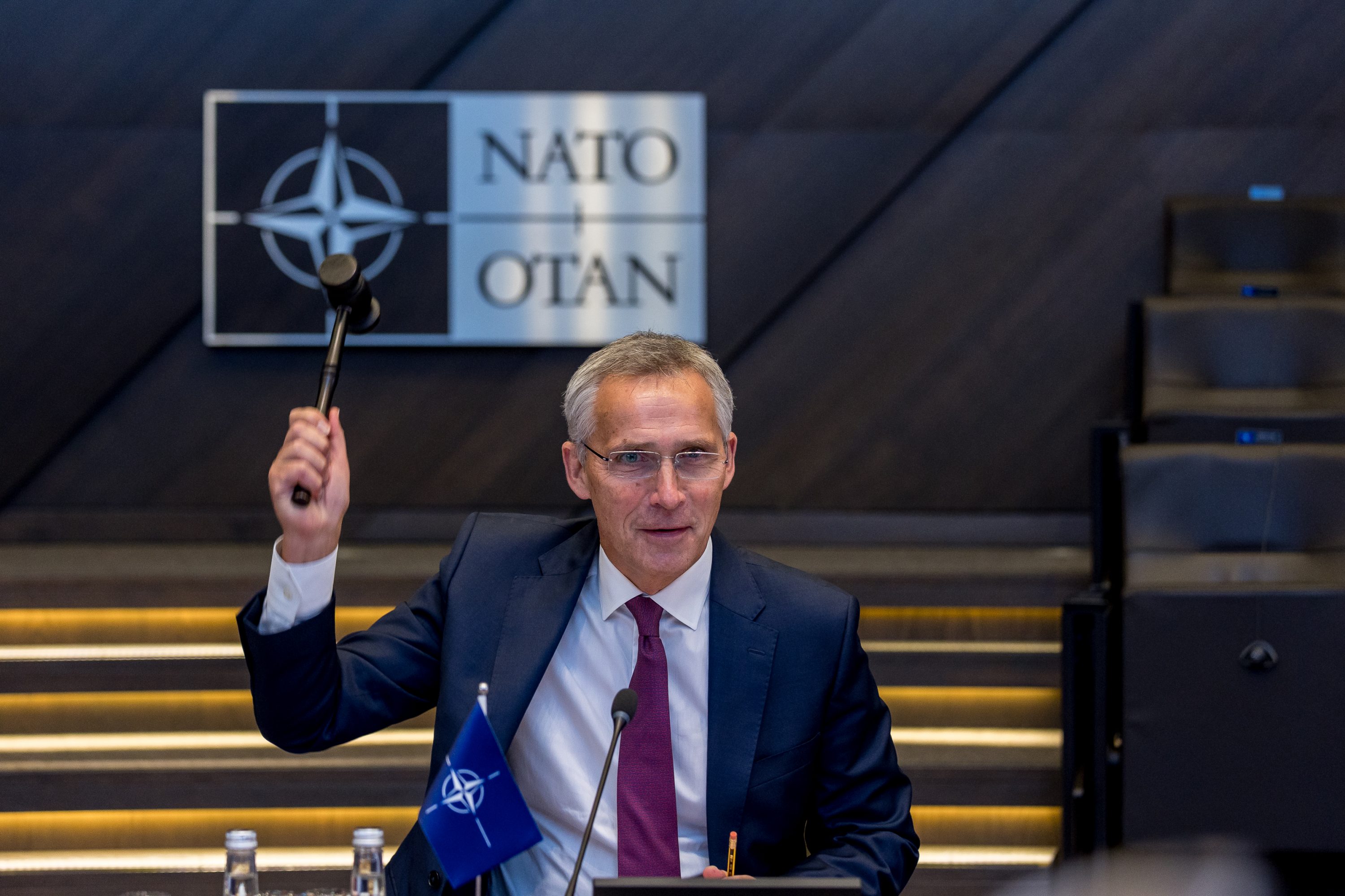 NATO Secretary General Jens Stoltenberg interacts with members of the press in Brussels