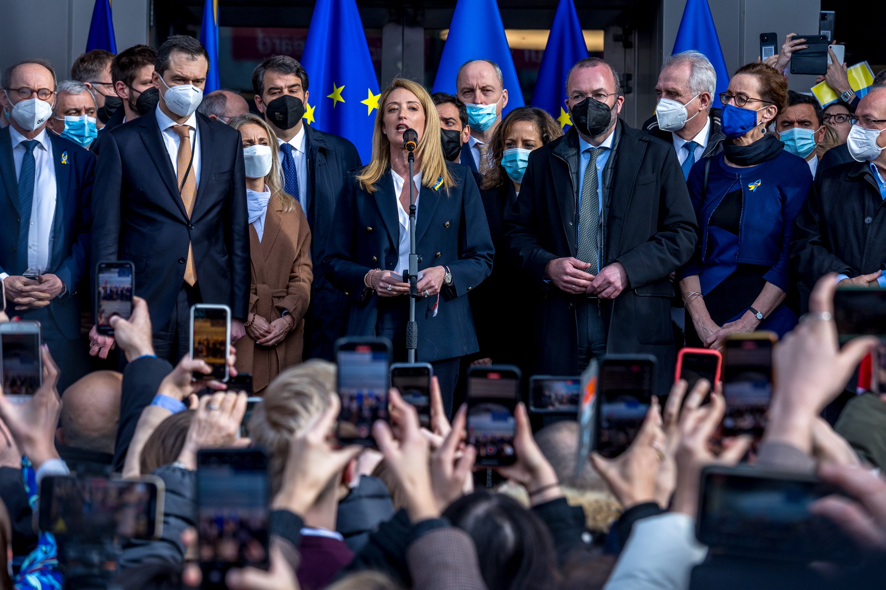 European Parliament President Roberta Metsola gives a speech in Brussels