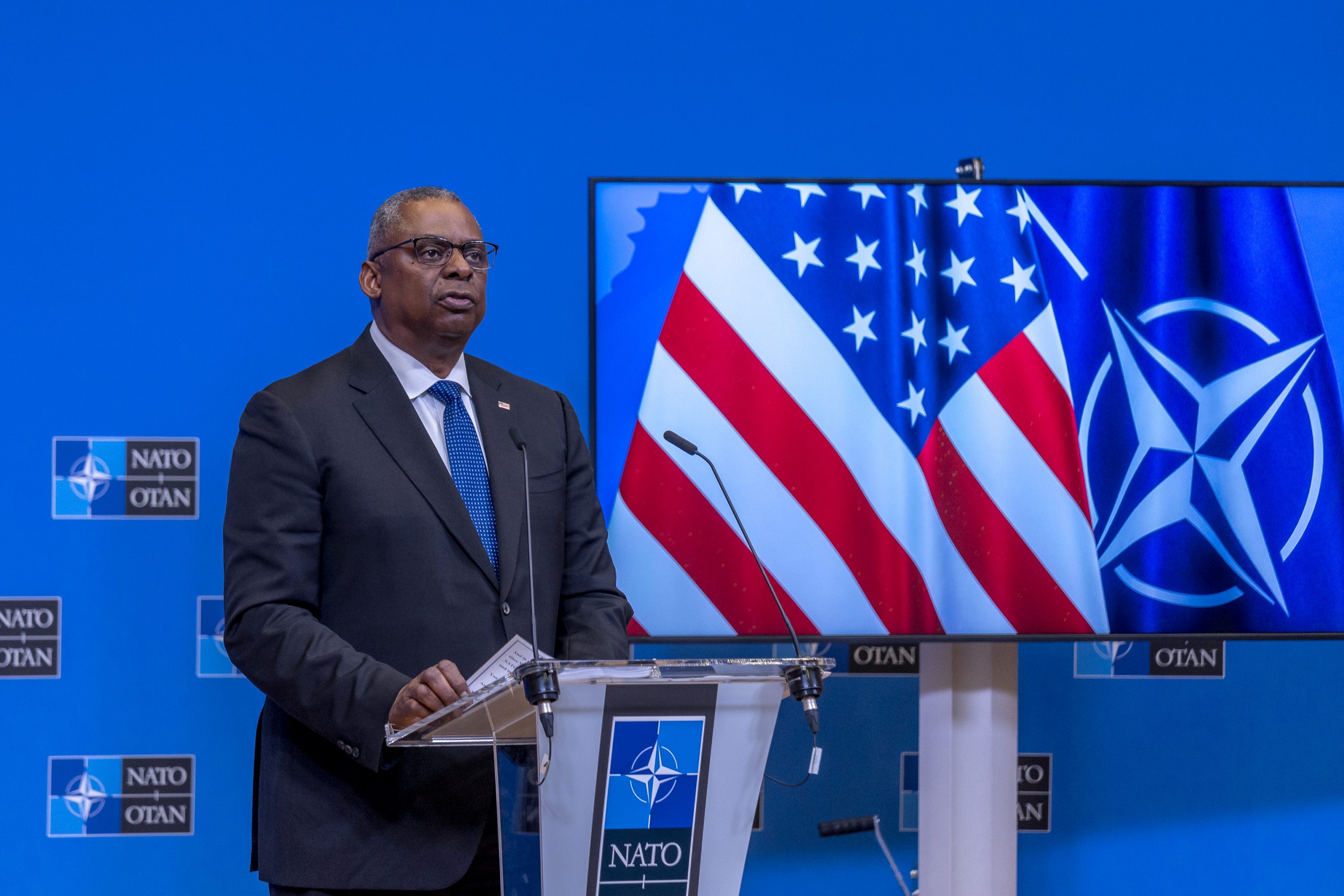U.S. Secretary of Defense Lloyd Austin holds a press conference in Brussels
