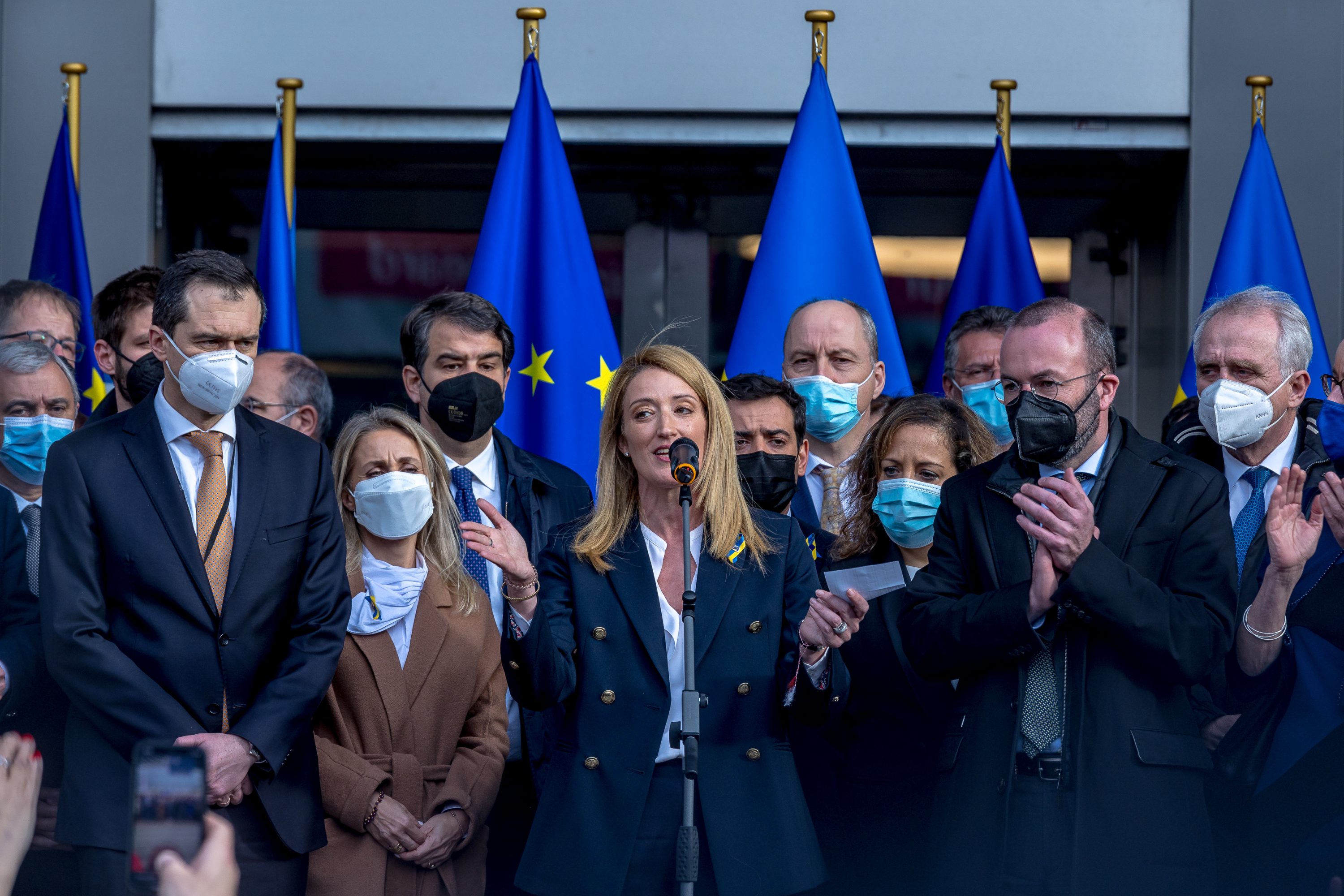 European Parliament President Roberta Metsola gives a speech in Brussels