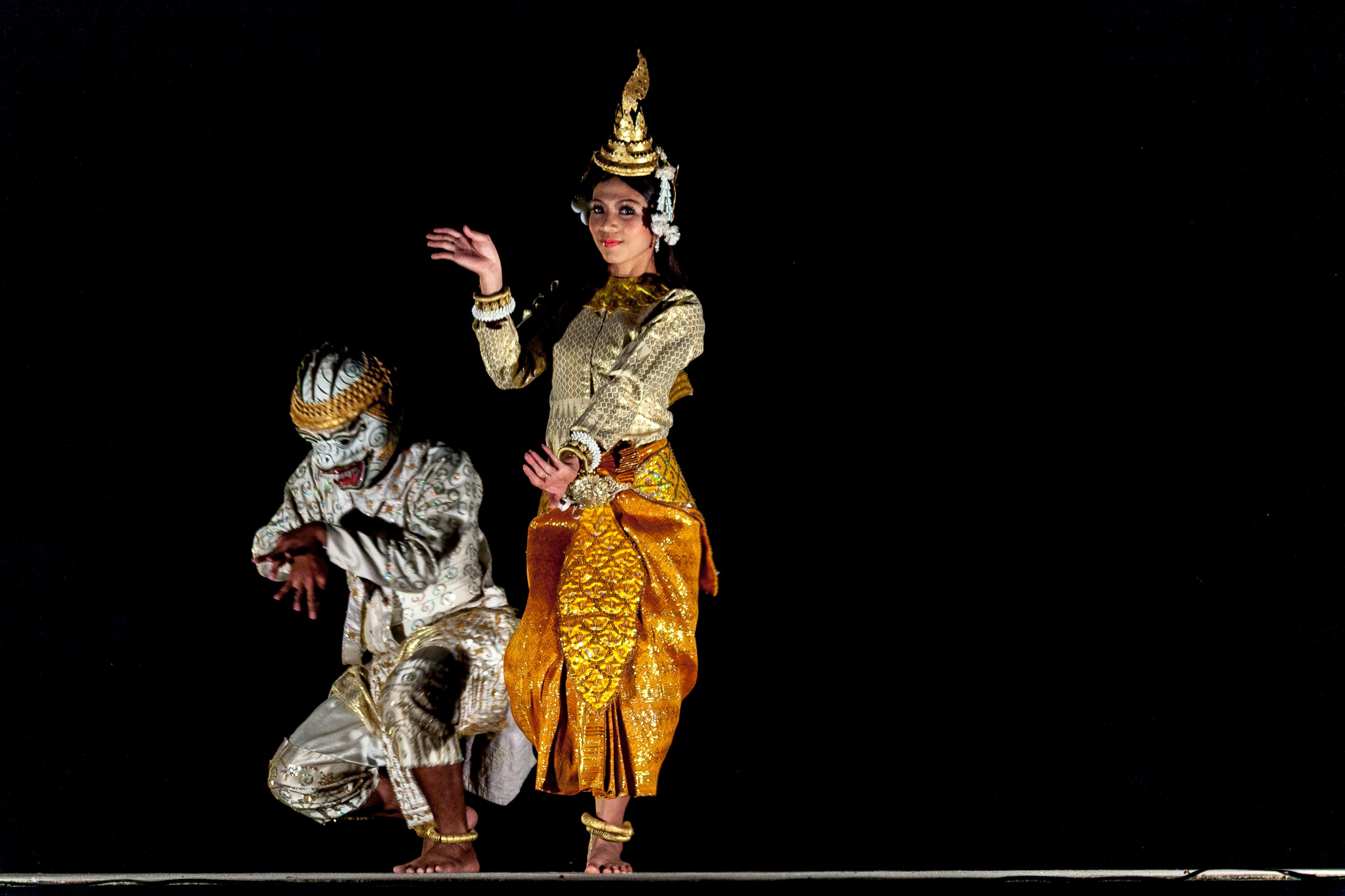 Two traditional dancers perform in Cambodia