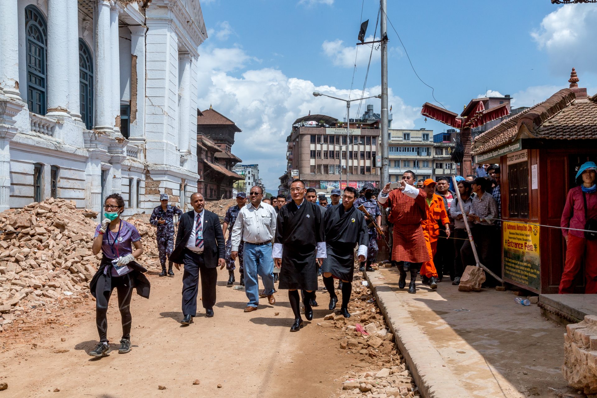Bhutanese Prime Minister Tshering Tobgay visits the collapsed temples at Basantapur Durbar Square in Nepal