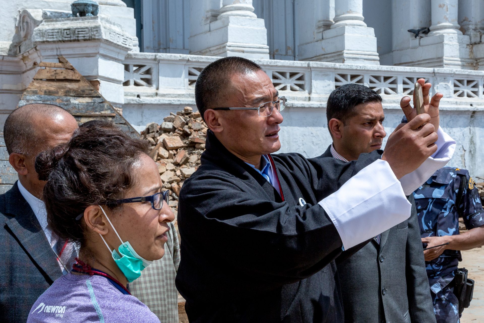 Bhutanese Prime Minister Tshering Tobgay visits the collapsed temples at Basantapur Durbar Square in Nepal