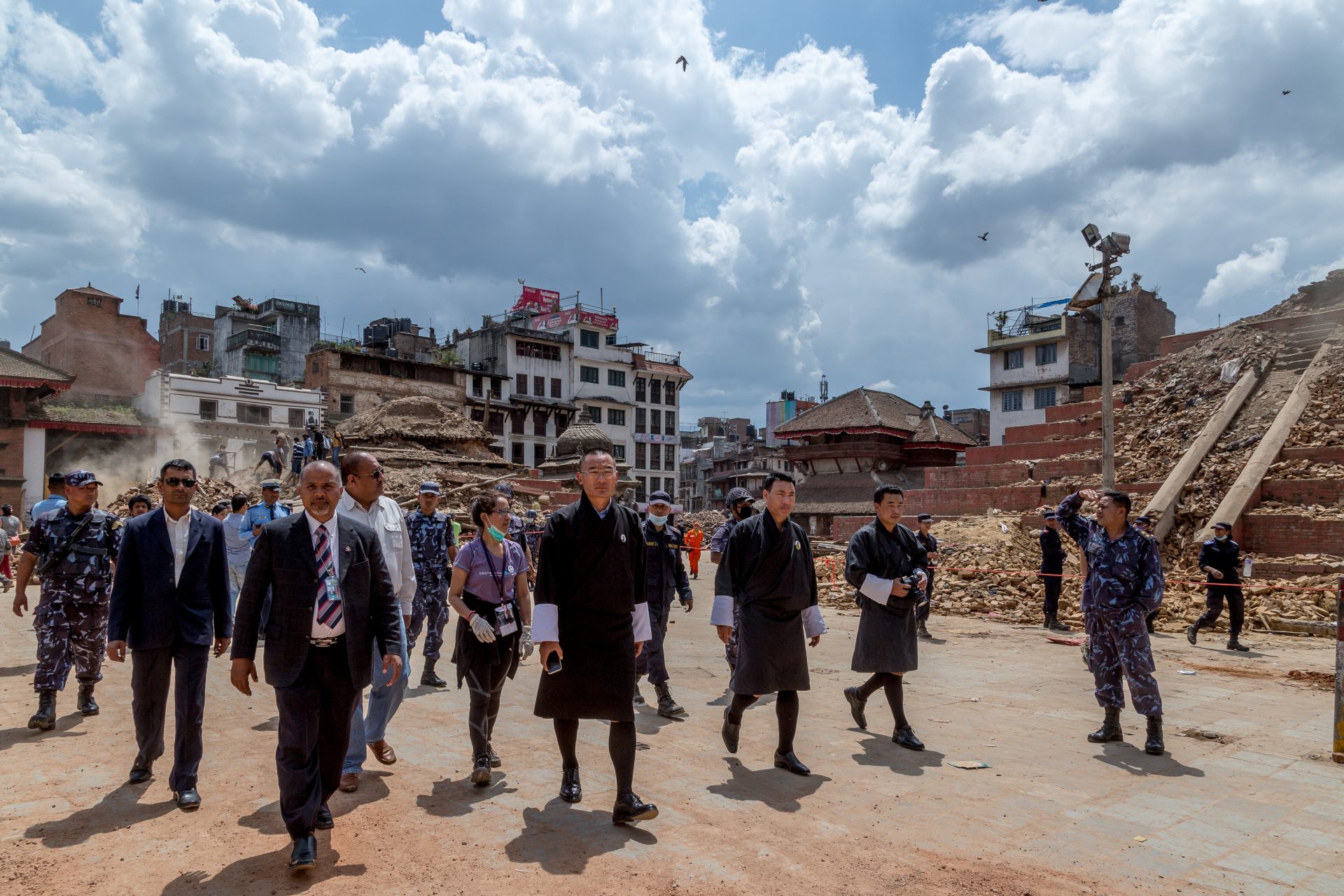 Bhutanese Prime Minister Tshering Tobgay visits the collapsed temples at Basantapur Durbar Square in Nepal