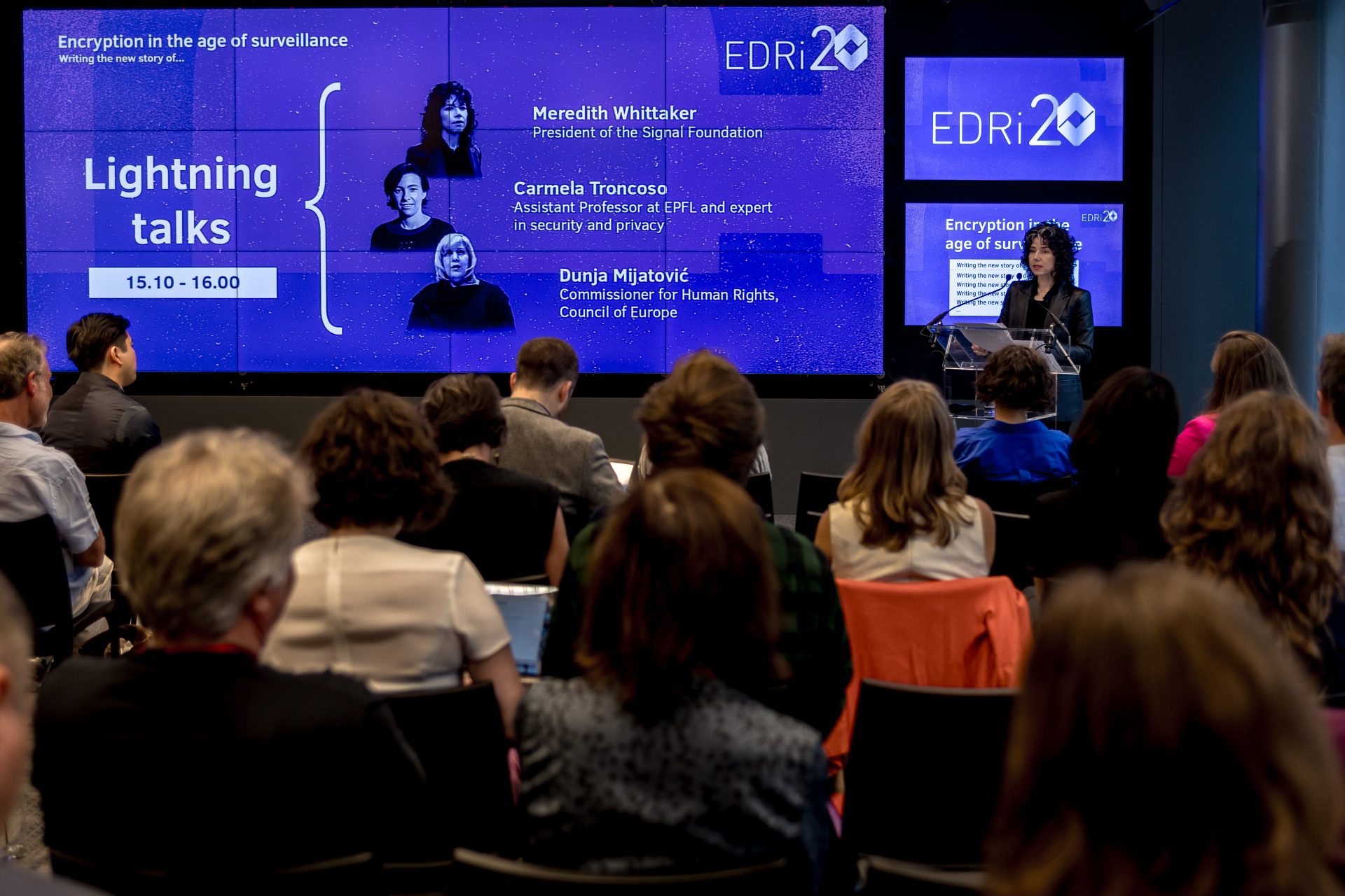 Meredith Whitakker, President of the Signal Foundation, gives a presentation on assignment for EDRI